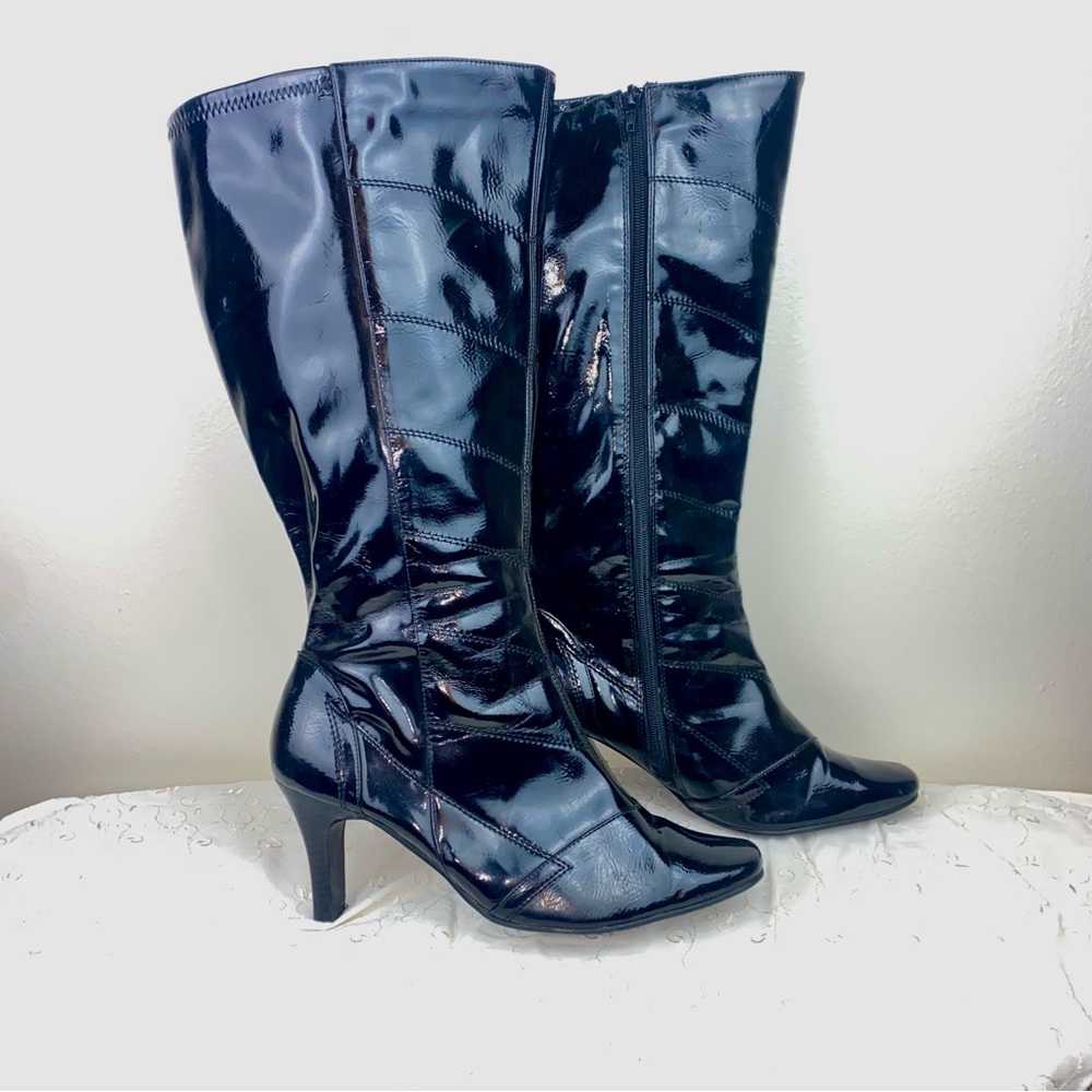 Vintage 80s black faux leather knee high heeled boots